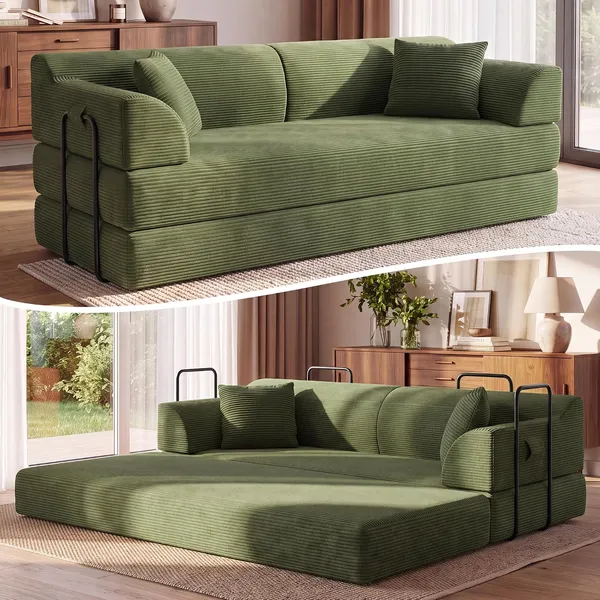 QQR 79 inch sofa bed in emerald corduroy, as a sofa and opened into a bed