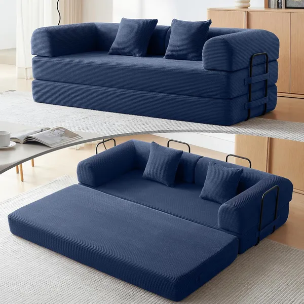 QQR 79 inch convertible sofa bed in navy blue corduroy, as a sofa and opened into a bed